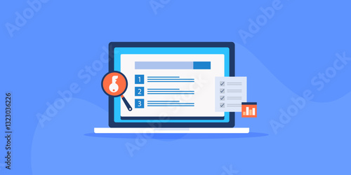 Keyword selection tool, SEO software concept. Search result on laptop screen, e-business concept.