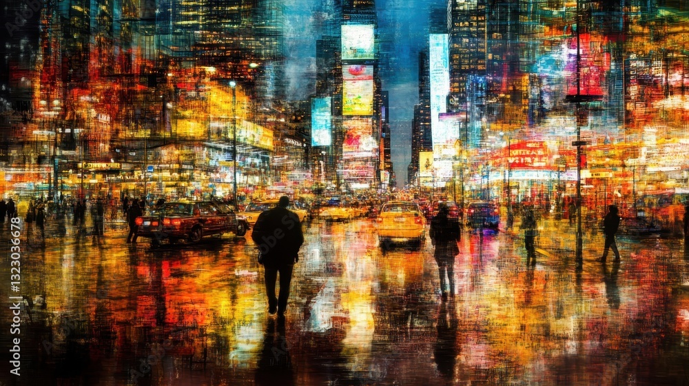 Naklejka premium A Rainy Night In The City With Bright Lights And Silhouettes