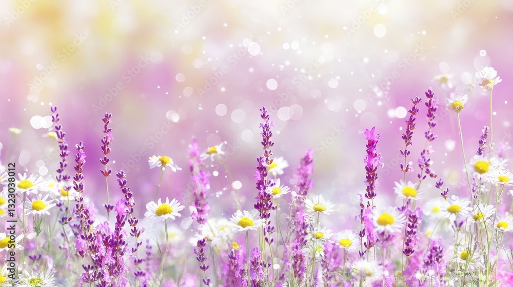 Fototapeta premium Lavender and Daisies Bloom in Sunny Meadow