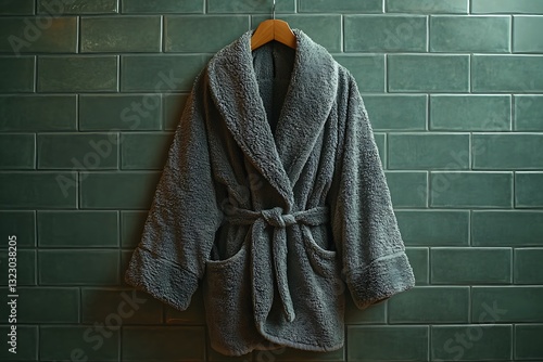 Luxurious Gray Bathrobe Hanging on Green Tile Wall Spa Relaxation Texture