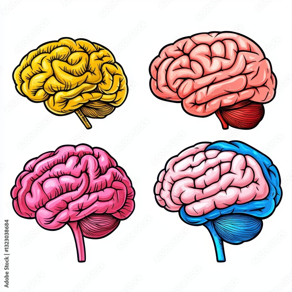 Fototapeta premium Colorful Human Brain Anatomy Illustrations Yellow Pink Blue Red Medical Graphics