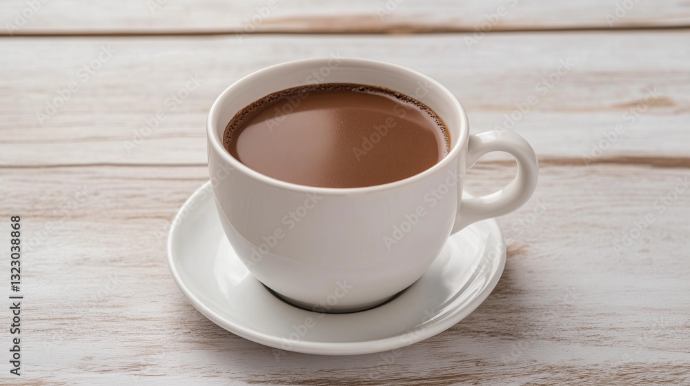 Warm Cocoa Delight: A cozy, steaming mug of rich, dark cocoa sits invitingly on a crisp, clean saucer and light wood surface. It's the perfect image to evoke feelings of comfort and warmth Warm Cocoa Delight: A cozy, steaming mug of rich, dark cocoa sits invitingly on a crisp, clean saucer and light wood surface. It's the perfect image to evoke feelings of comfort and warmth