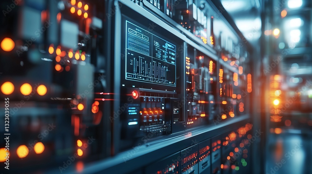 Naklejka premium High-Tech Server Room with Illuminated Control Panels and Digital Displays
