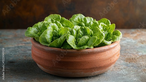 Fresh Green Lettuce Leaves in Rustic Earthen Pot on Textured Surface