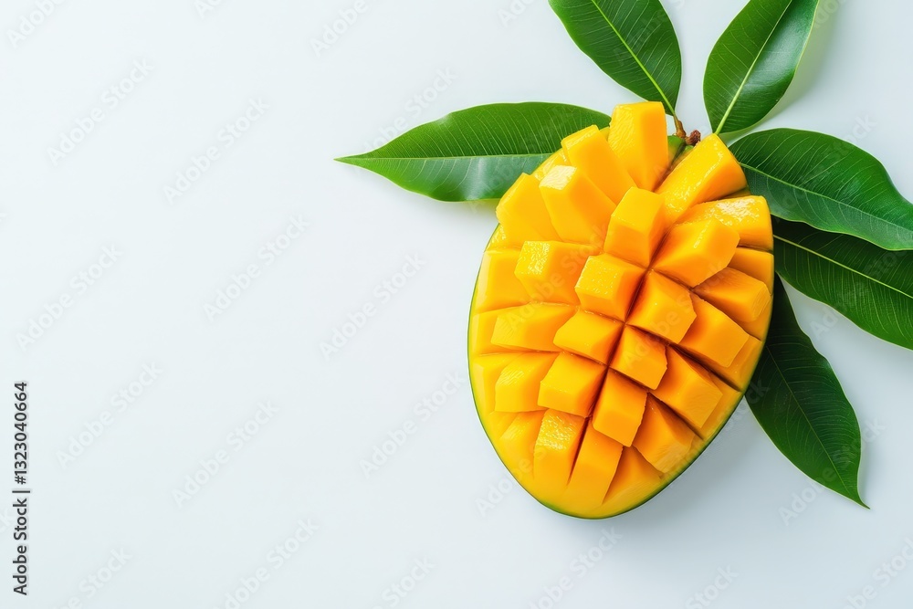 A sliced mango fruit next to green leaves on white A sliced mango fruit next to green leaves on white