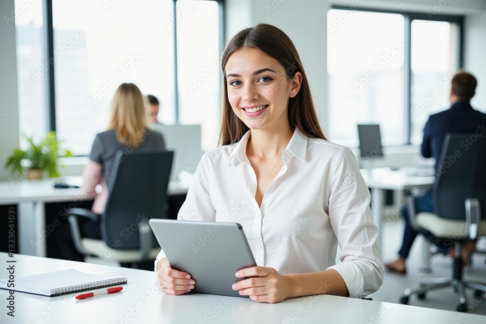 Young Woman in a Professional Office Environment, Engaged with a Tablet, Surrounded by Colleagues, Displaying Modern Work Culture and Team Dynamics Young Woman in a Professional Office Environment, Engaged with a Tablet, Surrounded by Colleagues, Displaying Modern Work Culture and Team Dynamics