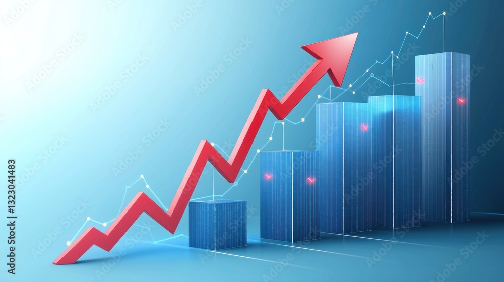 Red upward arrow indicates financial growth through blue bar graphs Red upward arrow indicates financial growth through blue bar graphs