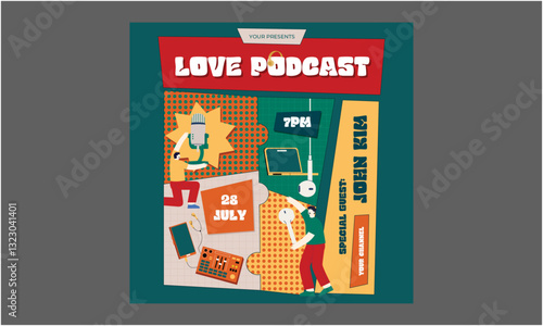 Love Podcast Socials Media. Streaming online. Radio show. Light sign. Night club logotype. Fluorescent signboard. Vector stock illustration
