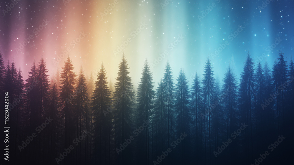 Celestial Forest: A silhouette of a dense evergreen forest stands against a breathtaking aurora borealis display of vibrant colors, illuminating the night sky with an ethereal glow Celestial Forest: A silhouette of a dense evergreen forest stands against a breathtaking aurora borealis display of vibrant colors, illuminating the night sky with an ethereal glow