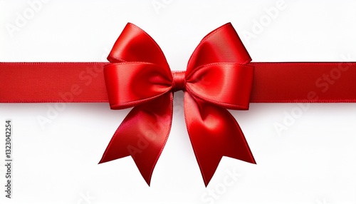 a large red ribbon bow in the centre of a long straight piece of ribbon to be used as a birthday or christmas banner border isolated against a transparent background