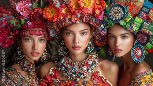 Wallpaper Mural Three women in vibrant floral headdresses and ornate jewelry. Torontodigital.ca