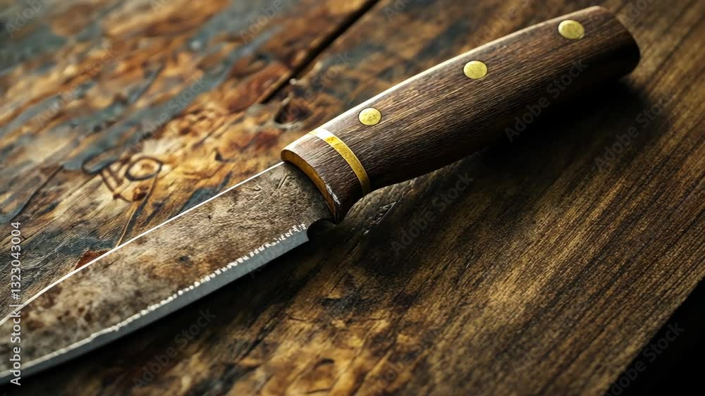 Detailed view of a rustic knife with a wooden handle resting on a textured wooden surface in warm lighting Detailed view of a rustic knife with a wooden handle resting on a textured wooden surface in warm lighting