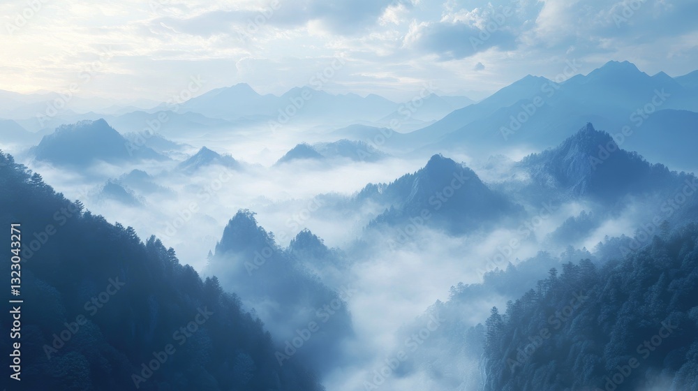 Fototapeta premium Serene Mountain Landscape with Misty Clouds at Dawn Illuminated by Soft Light