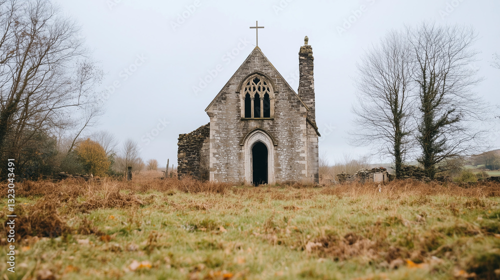 Abandoned Chapel: A solemn chapel stands weathered by time, its stone facade and gothic arches whispering tales of the past. A cross adorns the rooftop. Abandoned Chapel: A solemn chapel stands weathered by time, its stone facade and gothic arches whispering tales of the past. A cross adorns the rooftop.