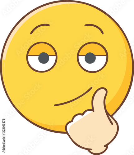 Thinking emoji with sly smile and hand on chin, A yellow thinking emoji with a sly smile and hand on its chin, conveying a mischievous and curious mood.
