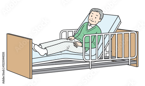 電動リクライニング介護ベッドで横になる高齢男性のイラスト