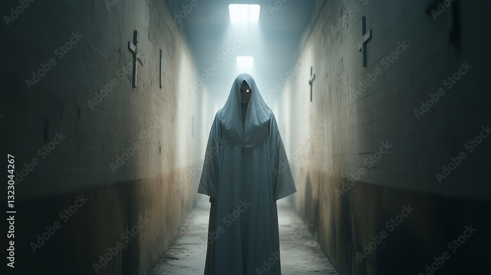 Ethereal Figure in Corridor: A mysterious figure, cloaked in white, stands in a dimly lit corridor with crucifixes, under a beam of light, creating an atmosphere of mystery and intrigue. Ethereal Figure in Corridor: A mysterious figure, cloaked in white, stands in a dimly lit corridor with crucifixes, under a beam of light, creating an atmosphere of mystery and intrigue.