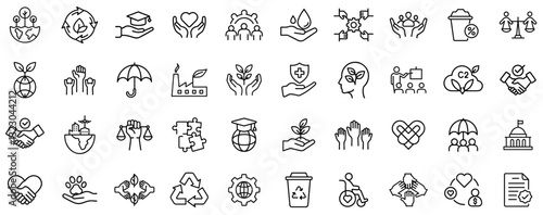 Social Responsibility & Sustainability Icons – Community Support, Environmental Protection, Charity, Human Rights, Ethical Business, Recycling, Global Education, Sustainable Development, Equality, Cor