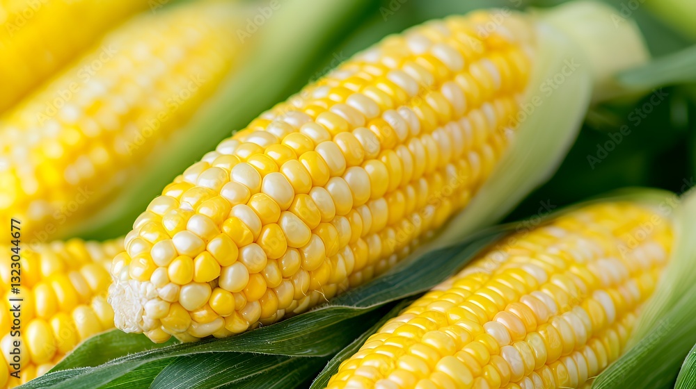 Freshly Harvested Yellow Corn on Cob with Green Leaves Closeup Freshly Harvested Yellow Corn on Cob with Green Leaves Closeup