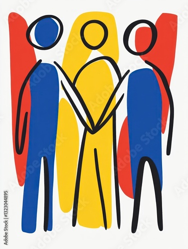 Abstract Group Illustration with Bold Primary Colors and Graphic Line Art