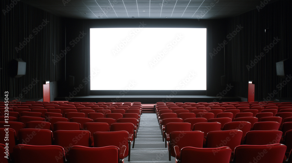 Obraz premium Empty Auditorium: A spacious, modern movie theater interior, rows of comfortable red seats facing a large blank screen, ready for the audience.