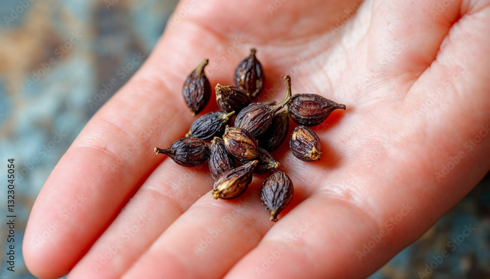 Obraz premium Fresh cloves on palm hand wallpaper. Cloves background