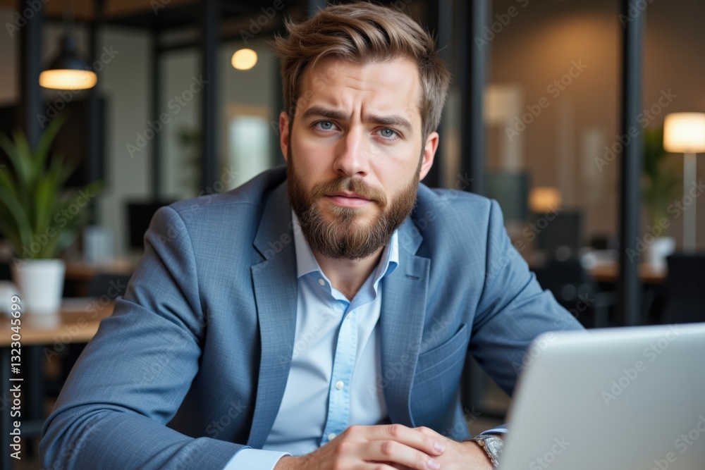 Fototapeta premium Focused Caucasian Male Executive in a Business Suit Concentrating at a Laptop in a Modern Office Environment