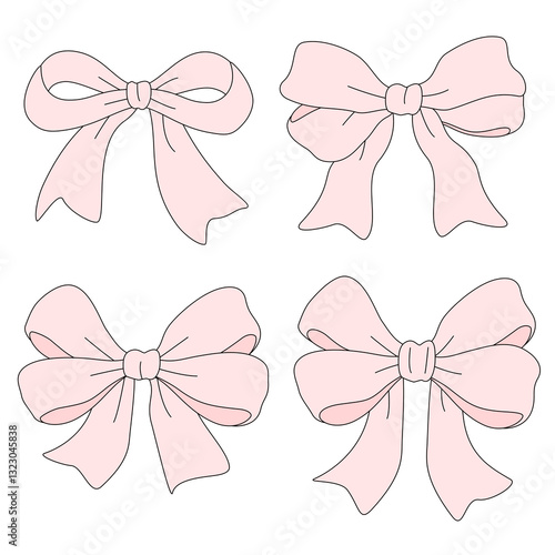 Elegant Whimsical Hand-Drawn Decorative pink Bow.  Vector Illustration. 
Perfect for quirky holiday, wedding, birthday decorations. 
Vector Illustration in Vintage and Retro Style
