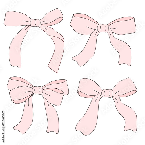 Elegant Whimsical Hand-Drawn Decorative pink Bow.  Vector Illustration. 
Perfect for quirky holiday, wedding, birthday decorations. 
Vector Illustration in Vintage and Retro Style