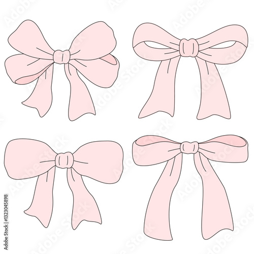 Elegant Whimsical Hand-Drawn Decorative pink Bow.  Vector Illustration. 
Perfect for quirky holiday, wedding, birthday decorations. 
Vector Illustration in Vintage and Retro Style