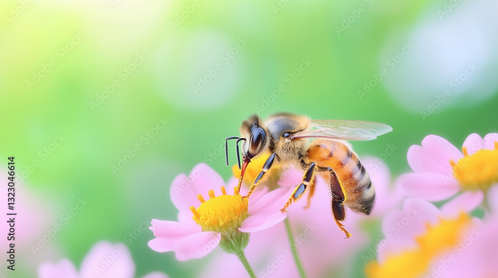 Bee's Nectar Quest: A close-up photograph captures a bee delicately collecting nectar from a vibrant pink flower, set against a soft, blurred background Bee's Nectar Quest: A close-up photograph captures a bee delicately collecting nectar from a vibrant pink flower, set against a soft, blurred background