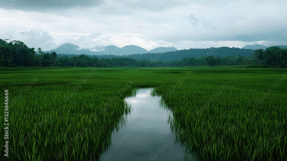 Tranquil Green Paddy Fields Under Overcast Sky with Mountains Tranquil Green Paddy Fields Under Overcast Sky with Mountains