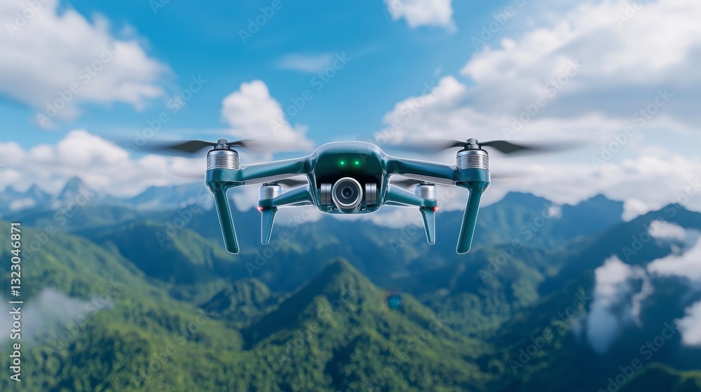 Fototapeta premium Aerial view of a green drone flying above majestic mountain range surrounded by lush greenery and blue skies