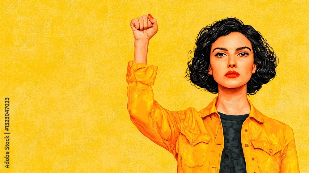 Strong Woman Raising Fist with Yellow Background for Empowerment Theme Strong Woman Raising Fist with Yellow Background for Empowerment Theme