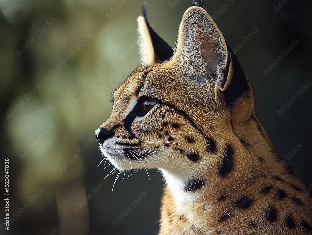 Close-up portrait of a graceful serval gazing into the distance Close-up portrait of a graceful serval gazing into the distance