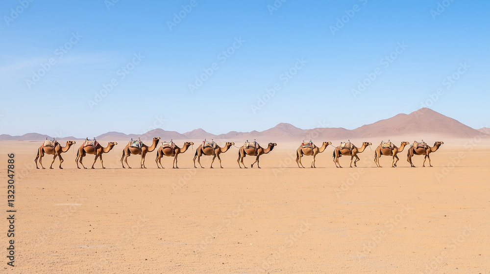 Desert Caravan: A long line of camels traverses the vast, sandy expanse of a desert under a clear, azure sky, evoking a sense of timeless journey and endurance. Desert Caravan: A long line of camels traverses the vast, sandy expanse of a desert under a clear, azure sky, evoking a sense of timeless journey and endurance.