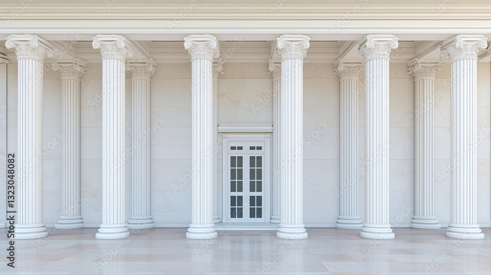 Obraz premium Ancient Grandeur: A neoclassical architectural facade, featuring a symmetrical arrangement of towering columns, evokes a sense of timeless elegance and historical significance.