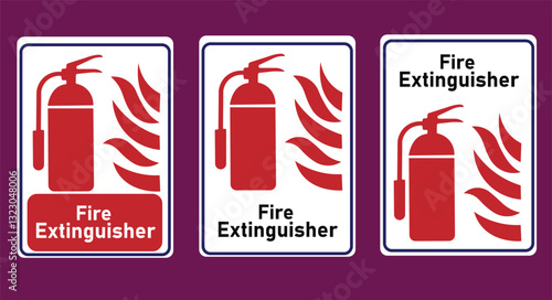 Fire extinguisher sign. Firefighters tools for flame fighting symbol, logo, badge, icon, sticker, label, emblem, stamp, red, line, flat vector, isolated illustration.