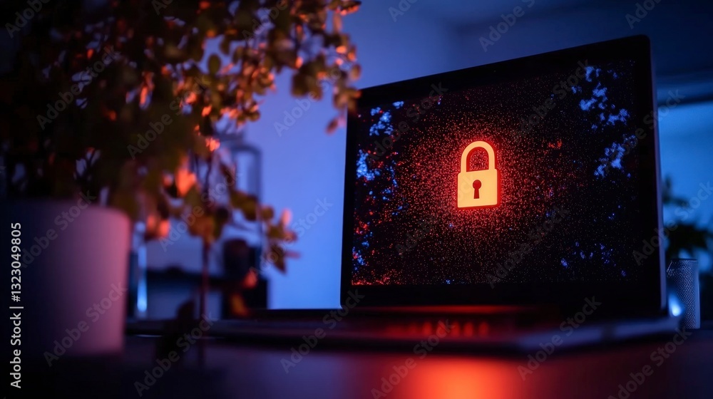 Secure Data Cyber Security Online Privacy Laptop Lock Screen Night Office Secure Data Cyber Security Online Privacy Laptop Lock Screen Night Office