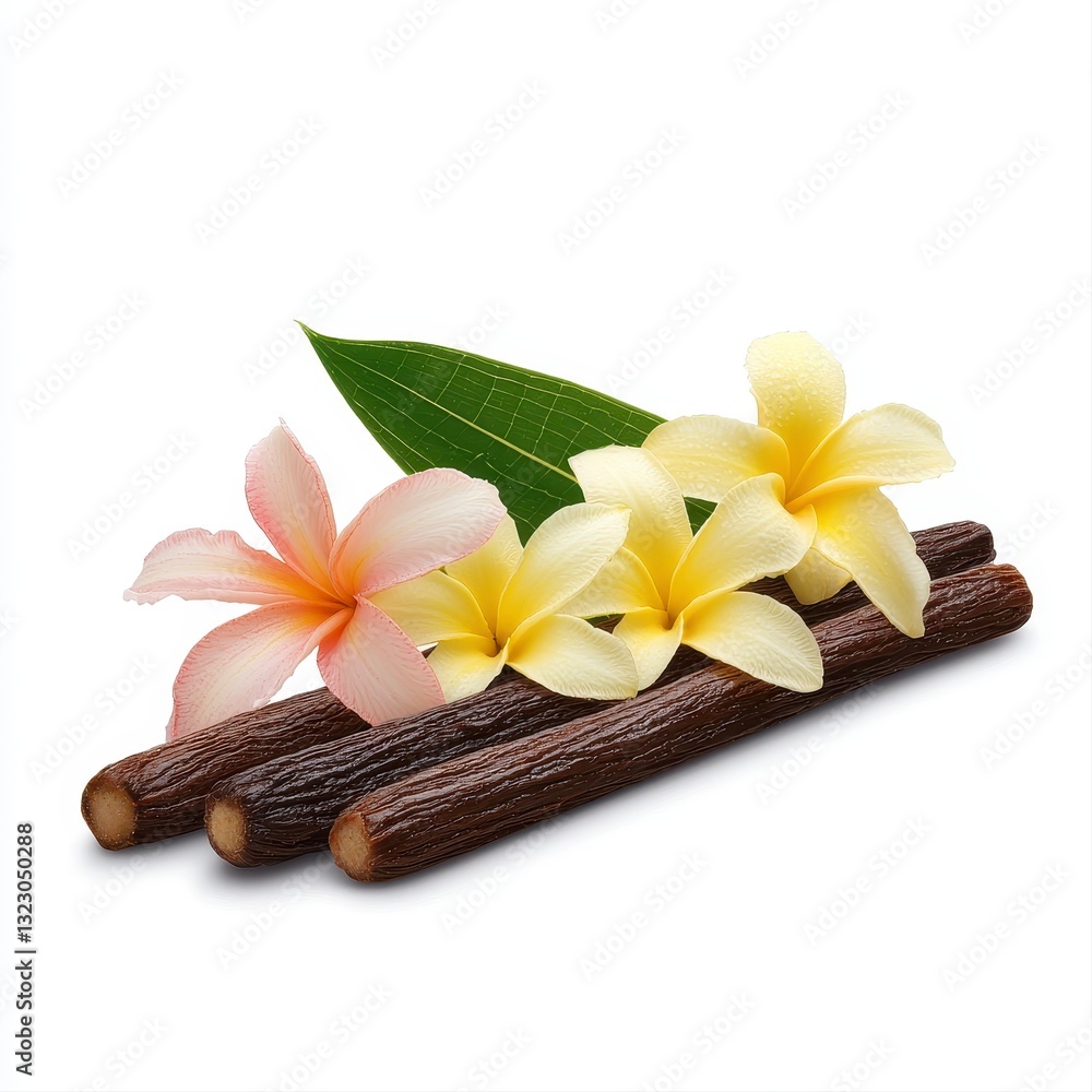 Realistic photography of vanilla bean and flower arrangement capturing the essence of natural flavor and beauty Realistic photography of vanilla bean and flower arrangement capturing the essence of natural flavor and beauty