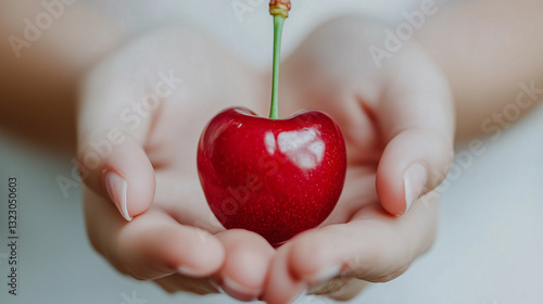 Cherry in Gentle Hands: A close-up shot of a vibrant red cherry held delicately in cupped hands, symbolizing care, freshness, and the simple pleasures of life.
