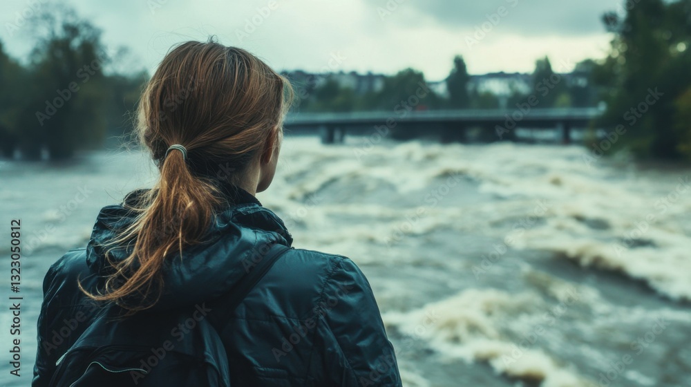 Flooded river. Worried woman looking at overflowing water during flood. Extreme weather and natural disaster Flooded river. Worried woman looking at overflowing water during flood. Extreme weather and natural disaster
