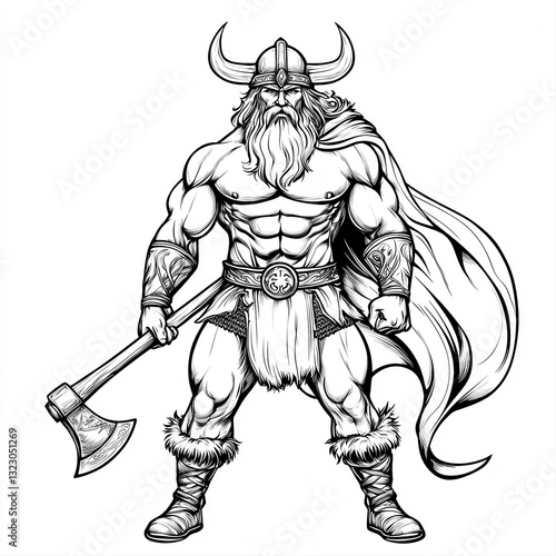 Wallpaper Mural Muscular Viking Warrior with Axe, Black and White Illustration Torontodigital.ca
