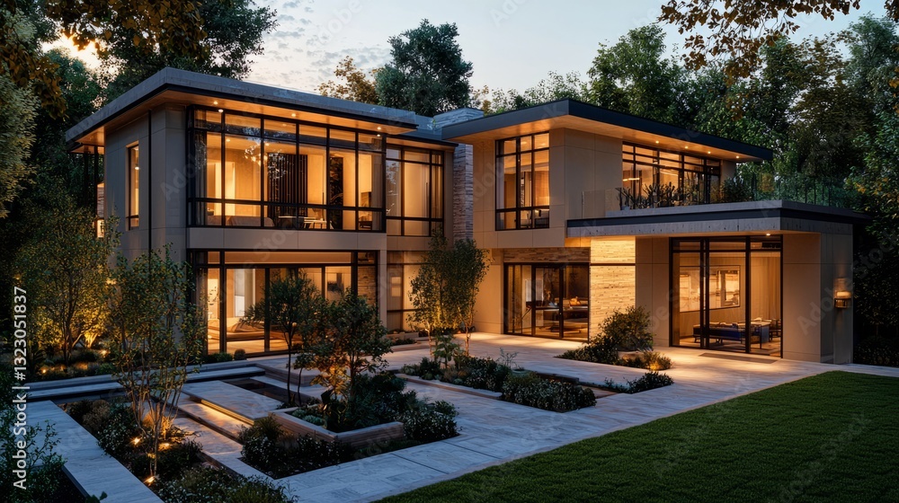Obraz premium Modern House Exterior at Dusk Surrounded by Lush Greenery and Lights
