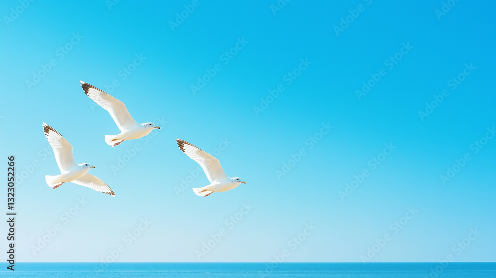 Obraz premium Seagulls' Aerial Dance: Three seagulls soar through the vast, cerulean expanse of the sky above the calm, expansive ocean, embodying freedom and tranquility. 