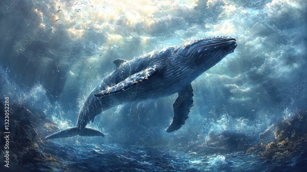 Fototapeta premium Majestic whale breaching amidst dramatic ocean clouds.