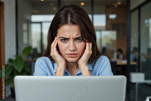 Frustrated Young Woman with Brown Hair in a Blue Shirt Struggling with Computer Work in a Modern Office Setting