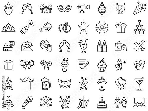 Party & Celebration Icons – Festive Events, Wedding, Birthday, Holiday, Music, Fireworks, Drinks, Gift Giving, Dance, Nightlife, Christmas, New Year, Special Occasions, Banquet, Decorations