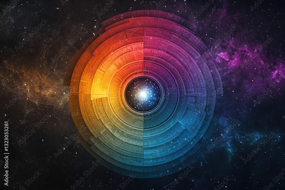 Obraz premium Cosmic data visualization, colorful concentric rings, starry background.