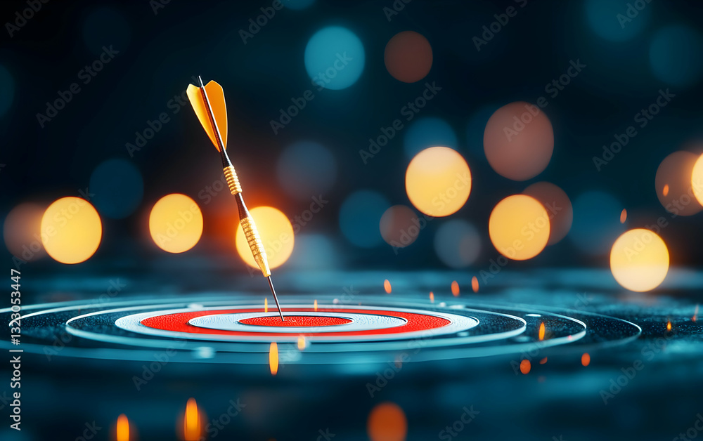 Fototapeta premium A close-up view of a dart hitting the center of a target amidst a blurred background. Perfect for motivation and goal-related themes.